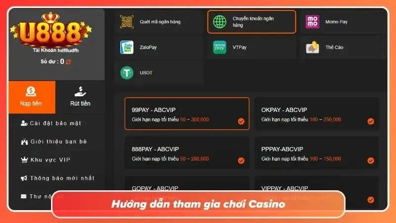 Các bước hướng dẫn chơi casino uy tín tại U888
