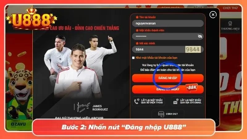 Click mục “Đăng nhập U888” ngay trên giao diện của nền tảng