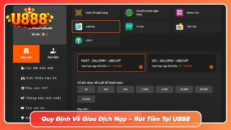 Trang giao diện nạp tiền vào ví tài khoản